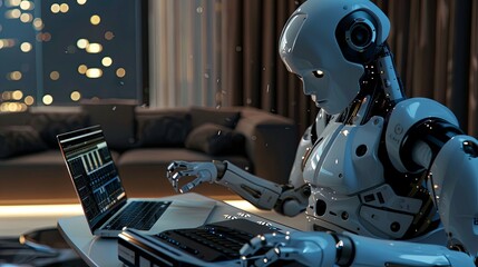 Poster - Humanoid Robot Working Composing Music on a Laptop in a Modern Apartment at Night
