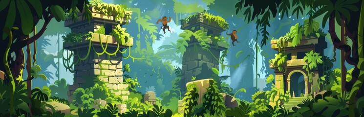 Enchanting jungle ruins with ancient temples and explorers, perfect for adventure and fantasy games or artwork