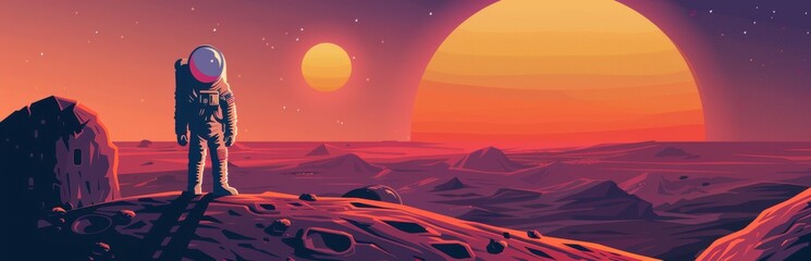 Astronaut exploring a new planet with two suns in a vast alien landscape. Concept of space travel, discovery, colonization, and adventure.