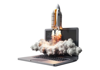 Rocket emerging from laptop isolated, transparent background, PNG, cutout.