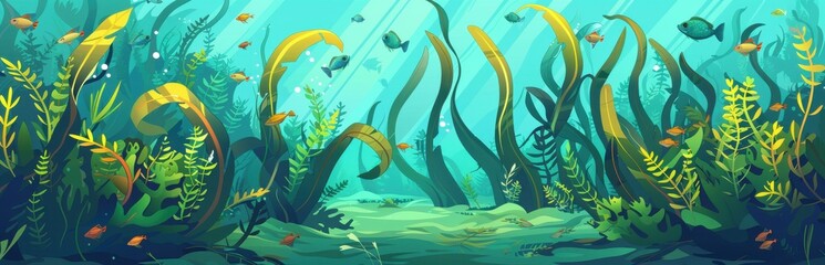 Wall Mural - Vibrant underwater seascape with seaweed, kelp forest, coral reef, and colorful fish. Concept of ocean life, marine ecosystem, and underwater exploration