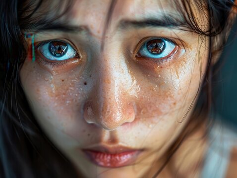 closeup portrait of tearful asian teenage girl raw emotion etched across her face vulnerability and inner turmoil reflected in her glistening eyes