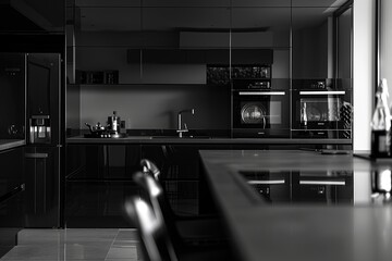 Canvas Print - Modern stylish kitchen interior design details. Monochrome black kitchen, with glossy black cabinets and gray tabletop