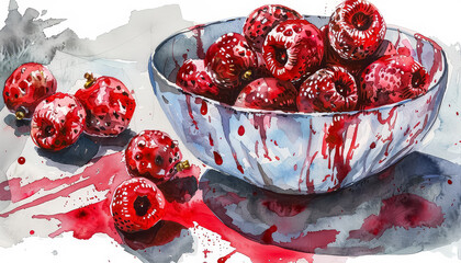 Wall Mural - A painting of cherries with red paint splatters