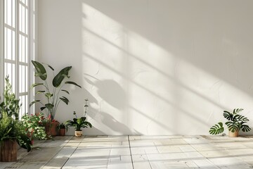 Sticker - Sunlight streams through large windows into an airy room with green plants, perfect for a fresh and natural wallpaper or background