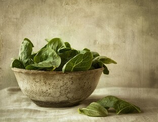 Wall Mural -  Healthy Vegetables: Fresh Spinach Leaves in a Bowl and on a Table, Emphasizing Nutritious Ingredients.