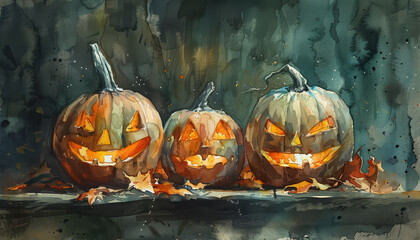Wall Mural - Three pumpkins with orange faces are sitting on a table