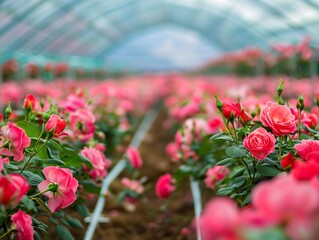 Canvas Print - A beautiful greenhouse full of red roses, creating a romantic wallpaper or engaging background piece