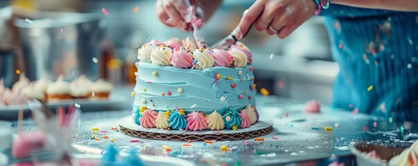 A baker decorating a birthday cake with intricate designs and colorful frosting, adding a personal touch to the celebration.