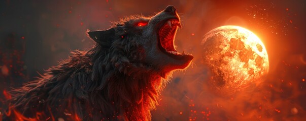  A fearsome werewolf howling at the moon, its fur standing on end and its eyes glowing red.