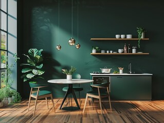 Sticker - This modern kitchen interior features green walls that make a perfect wallpaper or background for home design concepts