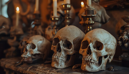 Two skulls are sitting on a black couch in a dimly lit room