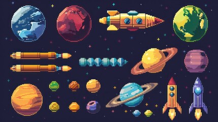 Poster - An 8bit pixel art game asset collection, featuring space planets, rockets, and starcraft, alongside a vector font and pixelated game buttons, offering 8 bit pixel game navigation buttons, power bars