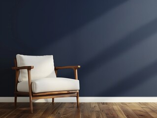 Poster - Elegant interior design with a single modern armchair against a deep navy blue wall, ideal for wallpaper or background use