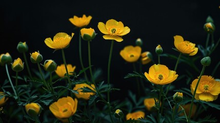 Wall Mural - Colorful close up image of blooming buttercup flowers with buds and leaves on dark backdrop