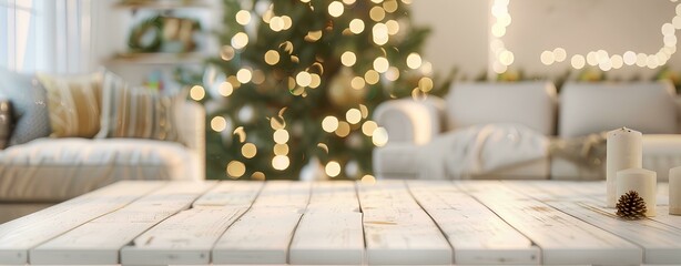 Wall Mural - Empty white table top with a blurred living room interior decorated for Christmas, product display montage background. A Christmas tree and bokeh lights in the blurry backdrop