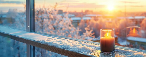 Wall Mural - table with wooden top, view of the city through window, cozy winter atmosphere, blurred background, candle and branches on table, sunlight,