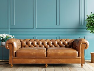 Sticker - Stylish interior showcasing an elegant leather sofa against a classic wall paneling, perfect as an interior design wallpaper or background