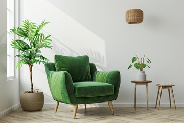 Canvas Print - Plush green armchair with tropical plants enhancing a modern living wallpaper or serene background