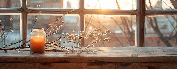 Wall Mural - table with wooden top, view of the city through window, cozy winter atmosphere, blurred background, candle and branches on table, sunlight,