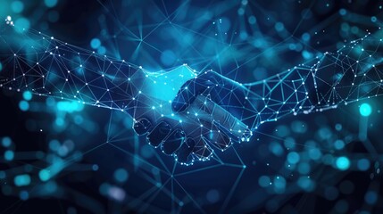 Poster - Abstract representation of business collaboration. Digital handshake depicted with lines, dots, and triangles on a modern blue technology backdrop, emphasizing connectivity and strategic partnership