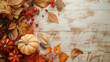 © Pixel Town - Thanksgiving background. Top view white wood table