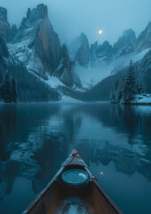 Poster - boat on lake In the snowy mountains in the evening