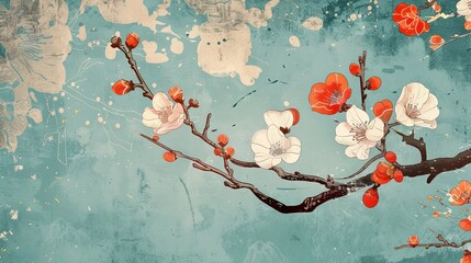 Sticker - Floral illustration wallpaper featuring stylized branches with red and white blossoms against an artistic background