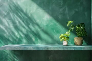 Canvas Print - A refreshing background featuring the play of sunlight on a green textured wall with two potted indoor plants