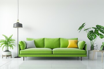 Sticker - An image of a modern living room with a vibrant green sofa and houseplants creating a fresh and inviting atmosphere