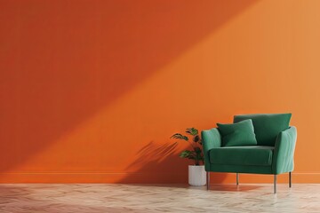 Canvas Print - Inviting green velvet armchair set against a lively orange wall, creating a bold wallpaper or background