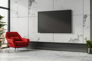 Sticker - An elegant modern living room featuring a stylish red armchair and mounted flat screen TV, perfect as a wallpaper or luxurious background