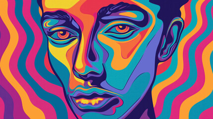 Wall Mural - Abstract psychedelic portrait of a person, featuring bold, vibrant colors and swirling patterns, evoking a sense of surrealism.