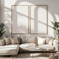 Wall Mural - Luxurious and modern living room with comfortable sofa and chic framed art, perfect for a sophisticated background or wallpaper