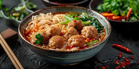 Poster - Spicy rice vermicelli noodles with meatballs and roasted pork in broth. Concept Vietnamese Bun Rieu Recipe