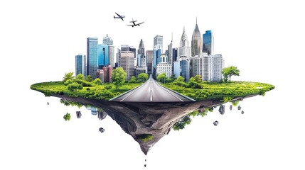 flying island with road and modern city isolate on whiteâ€‹ background -