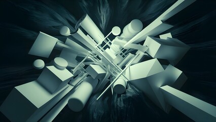 The image captures an array of dynamic white geometric shapes overlaid on a dark, mysterious backdrop