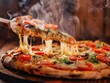 © Bijac - mouthwatering pizza slice with stretchy melted cheese steam rising vibrant toppings rustic wooden background dramatic lighting