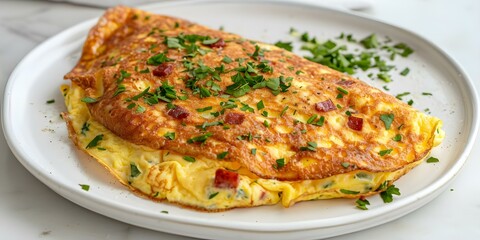 Wall Mural - Chorizo omelette with herbs on a white plate. Concept Food Photography, Breakfast Recipes, Homemade Dishes, Culinary Creations
