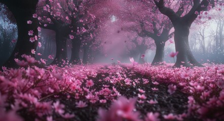 Wall Mural - Misty Spring Morning in a Cherry Blossom Forest