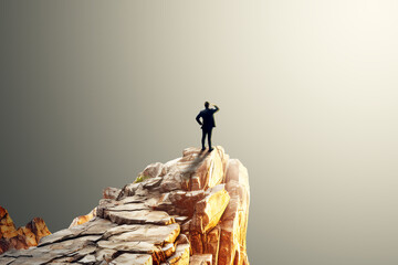 Poster - Person standing on a cliff edge, looking out, with a light grey background, depicting the concept of exploration. Generative AI