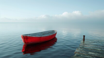 Wall Mural - A red boat sits in the water next to a dock