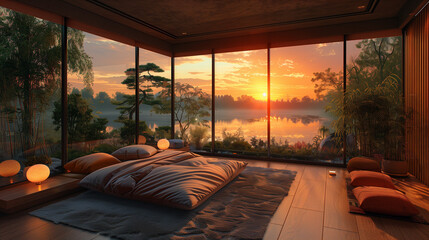 Poster - interior of a hotel bedoom with View of natural lake park in morning light