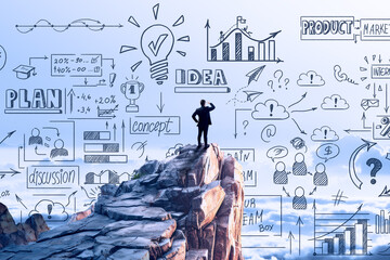 Poster - A man stands atop a rocky peak looking out, with creative doodles in the sky background, showcasing a concept of ideas and planning. Generative AI