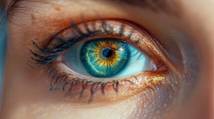 Wall Mural - A woman's eye is shown in a close up, with the iris being a bright blue