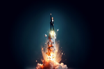 Poster - A person on a rocketing stream, symbolic of success and ambition, set against a dark blue background. Generative AI