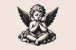 © Victoria - Praying little cute baby angel. vintage engraving black outline illustration. Isolated object, emblem. Vector