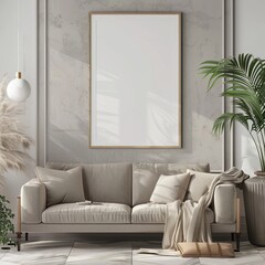 Wall Mural - A chic and cozy living room scene featuring an empty mockup frame, ideal as an abstract wallpaper or background becoming a best-seller