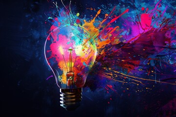Aufkleber - Vibrant Explosion of Colorful Paint Around a Glowing Lightbulb