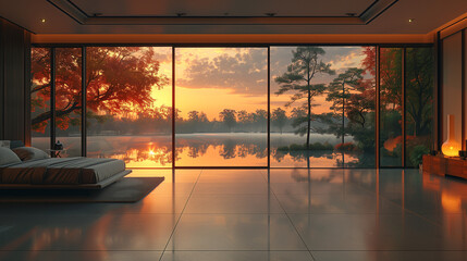 Poster - interior of a hotel bedoom with View of natural lake park in morning light